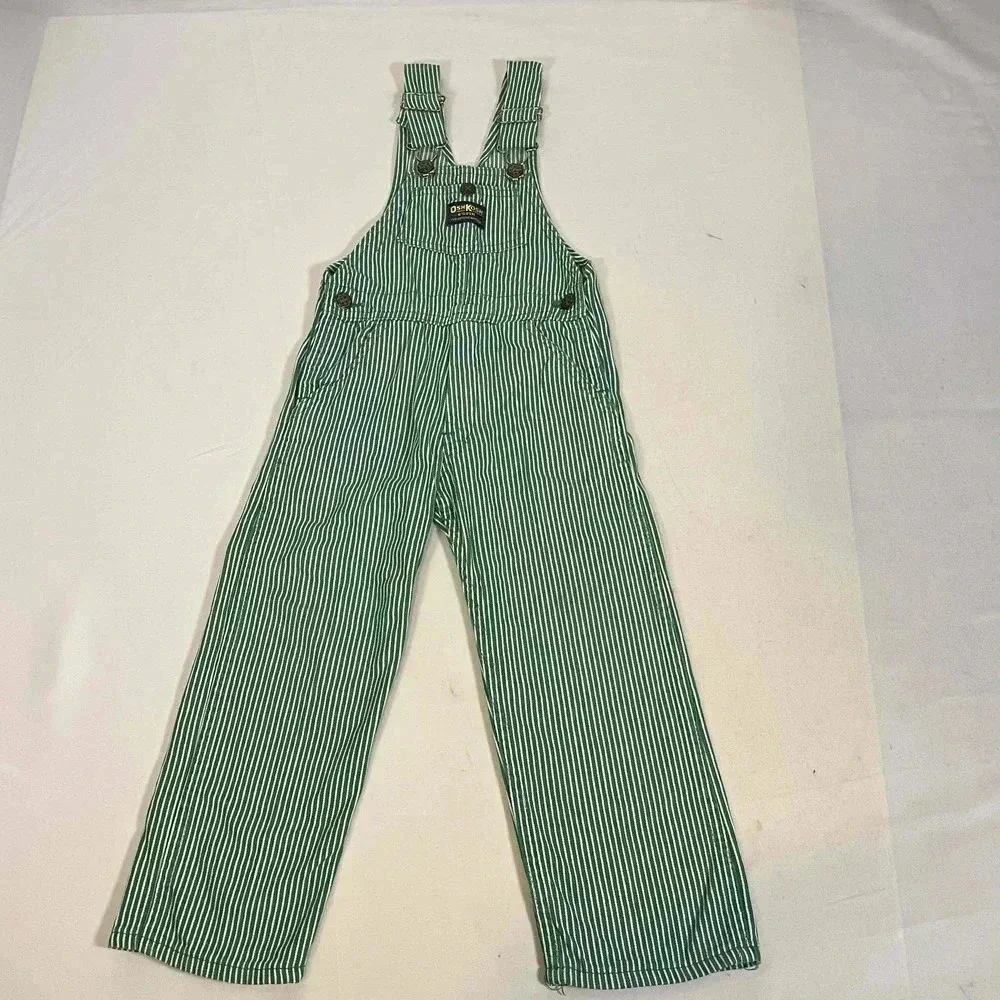 Vintage 80s 90s Osh Kosh Bgosh Green Railroad Striped Bib Overalls Kids Size 4